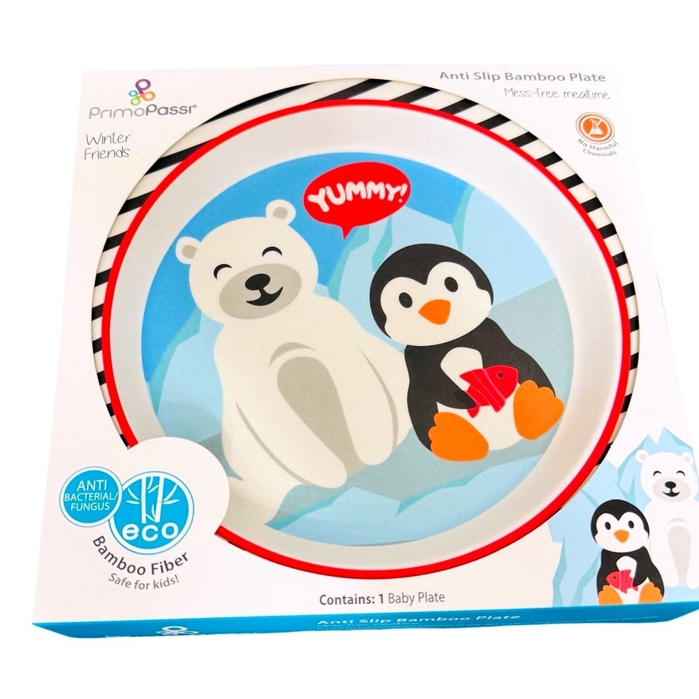 Prima Passi baby plate new in box Winter friends anti-slip bamboo plate